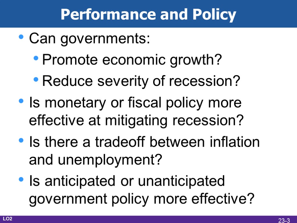 Performance and Policy Can governments: Promote economic growth? Reduce severity of recession? Is monetary